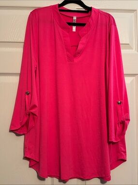 Dear Scarlet Lizzy Women's Hot Pink V-Neck Roll-Sleeve Tunic - Casual Tunic Top